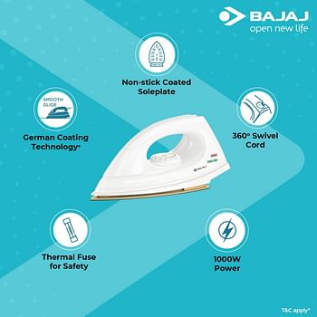 باجاج مكواة جافة DX-7 بقدرة 1000 واط مع لوح نعل متقدم، ابيض