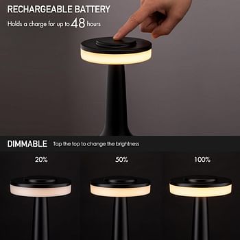 O'Bright Portable LED Table Lamp with Touch Sensor 3-Levels Brightness Rechargeable Battery Up to 48 Hours Usage Matte Black