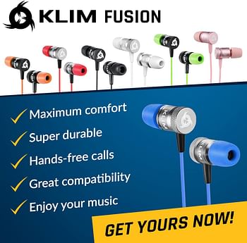 KLIM Fusion - In Ear Headphones with Mic + Excellent Audio Quality + Long-lasting EarBuds + Wired Headphones with Memory Foam Tips + 3.5 mm Jack + New 2021 + Blue