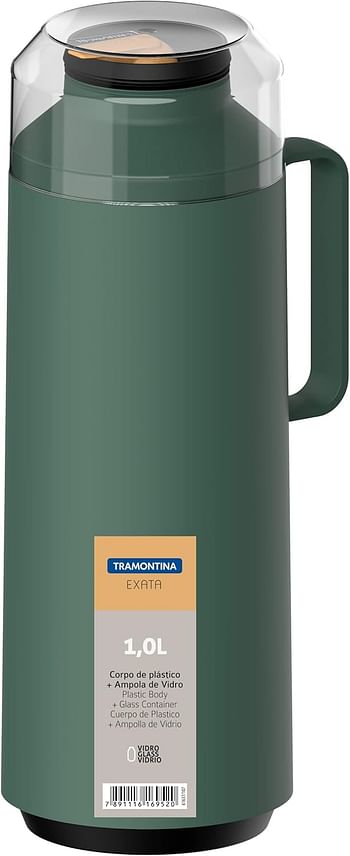 Tramontina Exata Green Plastic Thermal Beverage Dispenser with 1 Liter Glass Liner and Plastic Lid