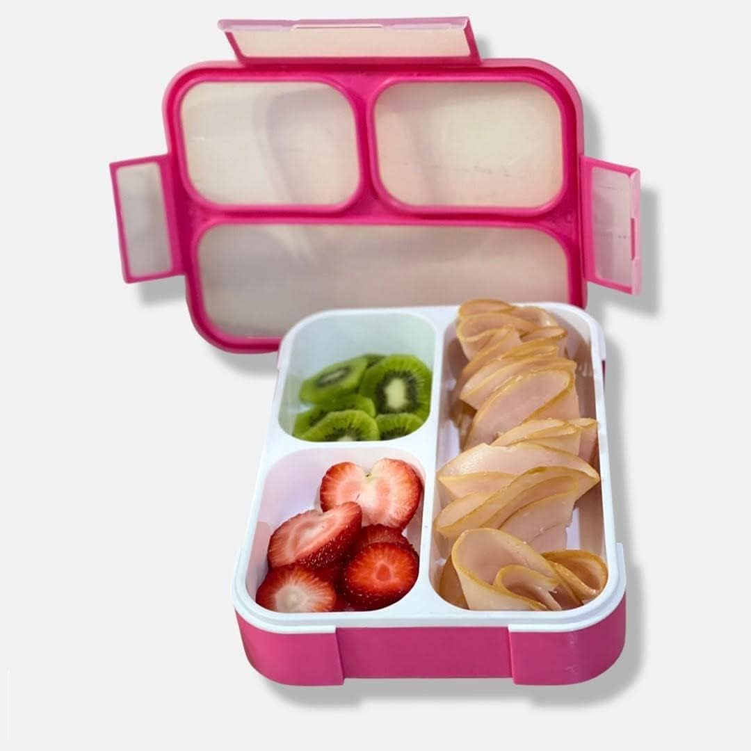 Innovegic Bento Lunch Box With Spoon, 3-Compartments Tiffin Box For Kids & Adults- Leak Proof Bento Box, BPA-FREE Microwave and Dishwasher Safe Container With Dividers (Pink)