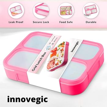 Innovegic Bento Lunch Box With Spoon, 3-Compartments Tiffin Box For Kids & Adults- Leak Proof Bento Box, BPA-FREE Microwave and Dishwasher Safe Container With Dividers (Pink)