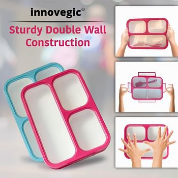 Innovegic Bento Lunch Box With Spoon, 3-Compartments Tiffin Box For Kids & Adults- Leak Proof Bento Box, BPA-FREE Microwave and Dishwasher Safe Container With Dividers (Pink)