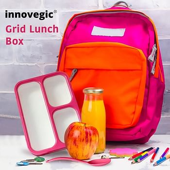 Innovegic Bento Lunch Box With Spoon, 3-Compartments Tiffin Box For Kids & Adults- Leak Proof Bento Box, BPA-FREE Microwave and Dishwasher Safe Container With Dividers (Pink)