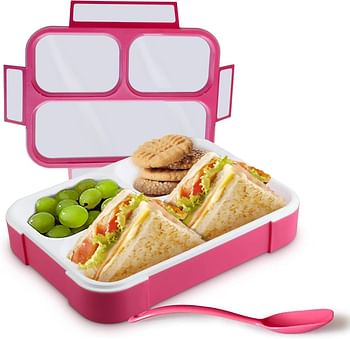 Innovegic Bento Lunch Box With Spoon, 3-Compartments Tiffin Box For Kids & Adults- Leak Proof Bento Box, BPA-FREE Microwave and Dishwasher Safe Container With Dividers (Pink)