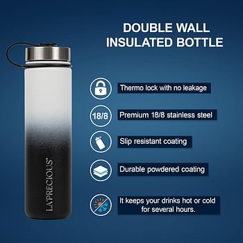 LA’ PRECIOUS Stainless Steel Water Bottle 18/8 Food Grade Material, Rust Proof, Leakproof,(750ML - 1200ML) - Keeps Liquids Hot or Cold for Several Hours. (750ML, Black/White)