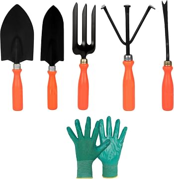 Kraft Seeds 5 Best Gardening Hand Tools Set (Weeder, Big & Small Trowel, Fork, Cultivator with One Pair Gloves) |Orange Ergonomic Handles, Black Metal Blades | Essential