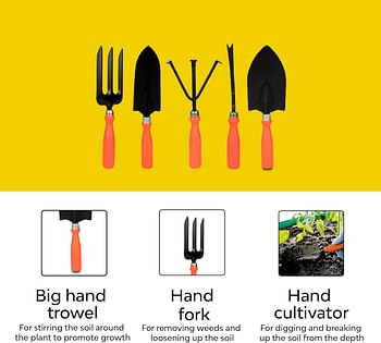 Kraft Seeds 5 Best Gardening Hand Tools Set (Weeder, Big & Small Trowel, Fork, Cultivator with One Pair Gloves) |Orange Ergonomic Handles, Black Metal Blades | Essential