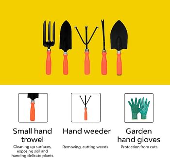 Kraft Seeds 5 Best Gardening Hand Tools Set (Weeder, Big & Small Trowel, Fork, Cultivator with One Pair Gloves) |Orange Ergonomic Handles, Black Metal Blades | Essential