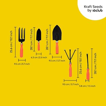 Kraft Seeds 5 Best Gardening Hand Tools Set (Weeder, Big & Small Trowel, Fork, Cultivator with One Pair Gloves) |Orange Ergonomic Handles, Black Metal Blades | Essential