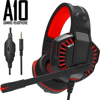 ASA Gaming Headset for PC, Laptop, PS4, PS5, Xbox One, Nintendo Switch with Detachable Noise Cancelling Microphone Cable, 3.5mm Jack, Bass Surround, Wired, Over-Ear (A10 RED)