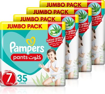 Pampers Baby-Dry Pants Diapers with Aloe Vera Lotion, 360 Fit & up to 100% Leakproof, Size 7, 17+kg, 4 Mega Packs, 140 Count