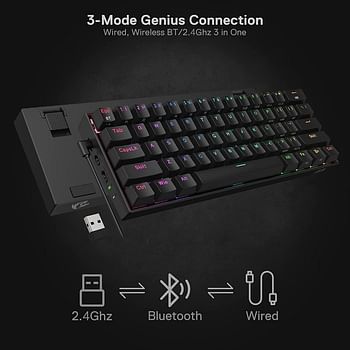 Redragon K530 Pro Draconic 60% Wireless RGB Mechanical Compact Gaming Keyboard, Bluetooth 2.4Ghz  3-Mode 61 Keys 100% Hot-Swap Socket, Free-Mod Plate Mounted PCB & Tactile Brown Switch - Black