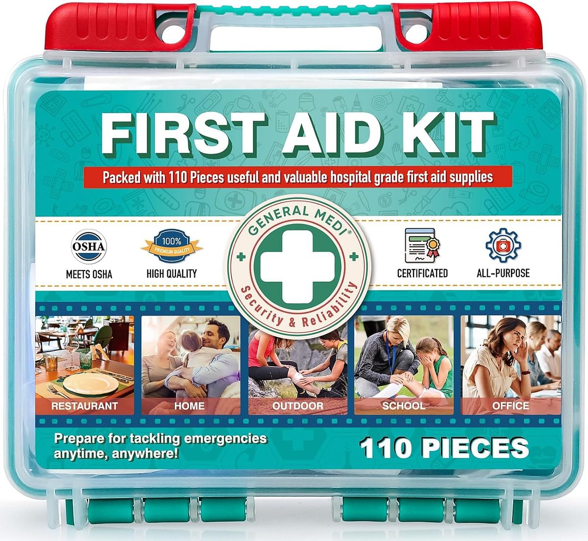 General Medi 110 Pieces Small First Aid Kit - HardCase First Aid Box - Contains Premium Medical Supplies for Travel Home Office Vehicle Camping Workplace & Outdoor