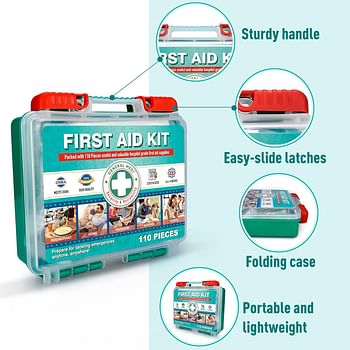 General Medi 110 Pieces Small First Aid Kit - HardCase First Aid Box - Contains Premium Medical Supplies for Travel Home Office Vehicle Camping Workplace & Outdoor