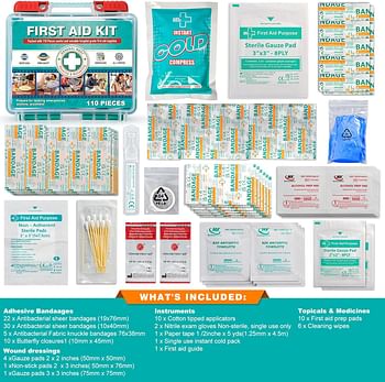 General Medi 110 Pieces Small First Aid Kit - HardCase First Aid Box - Contains Premium Medical Supplies for Travel Home Office Vehicle Camping Workplace & Outdoor