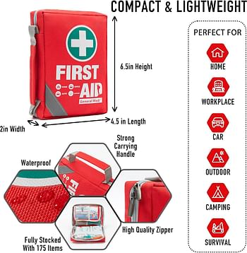 First Aid Kit - Small Compact First Aid Kit Bag (175 Piece) - Reflective Bag Design- Includes 2 x Eyewash Instant Cold Pack Emergency Blanket for Travel Home Office Vehicle Camping