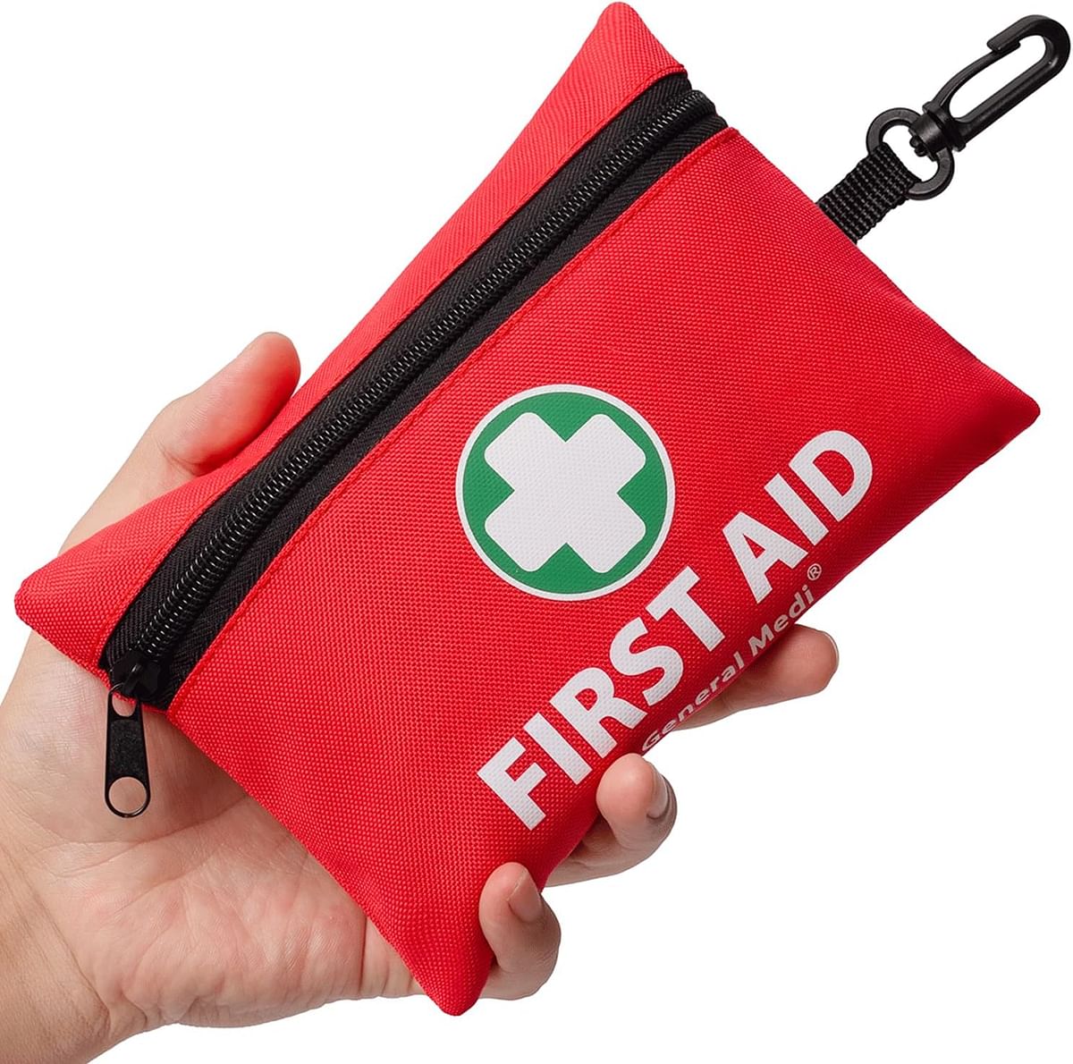 General Medi Mini First Aid Kit 110 Piece Small First Aid Kit - Includes Emergency Foil Blanket Scissors for Travel Home Office Vehicle Camping Workplace & Outdoor (Red)