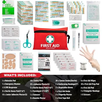 General Medi Mini First Aid Kit 110 Piece Small First Aid Kit - Includes Emergency Foil Blanket Scissors for Travel Home Office Vehicle Camping Workplace & Outdoor (Red)