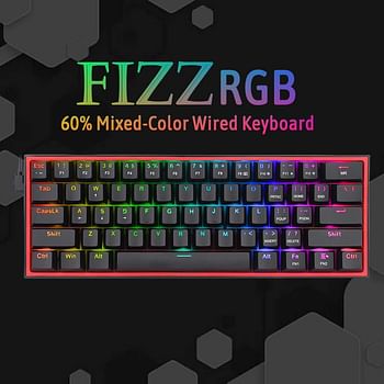 كيبورد العاب فيز من ريدراجون موديل K617 RGB سلكي 60%، كيبورد ميكانيكية صغيرة الحجم بـ 61 مفتاح، (مفتاح احمر خطي)، مدعومة بمحرك احترافي/برمجيات || اسود