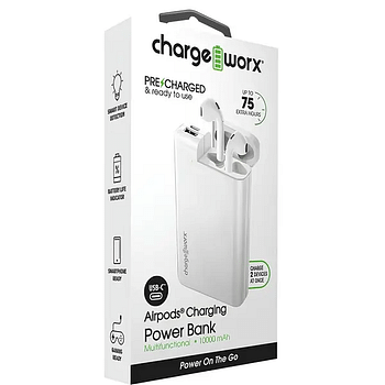 باور بانك Chargeworx 10000 مللي أمبير في الساعة بمنفذين USB رفيعين مع حامل اير بود (CX6866WH) أبيض