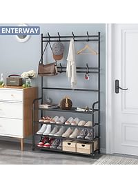 Multi-functional Shoe and Hat Rack for Entryway, Freestanding with 4-Tier Storage Shelves and 8 Double Hooks, for Living Room, Bathroom, Hallway