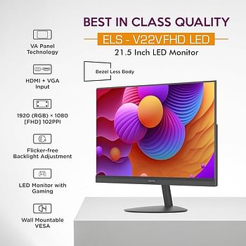 Elista FHD LED 22 Inch FHD LED Monitor with IPS Panel Technology HDMI & DP Input with LED Monitor with Gaming  ELS-V22V