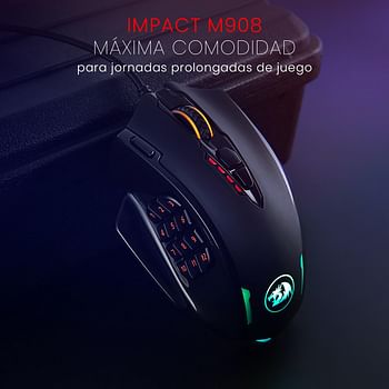 Redragon 12400 DPI Impact MMO Gaming Mouse with 18 Programmable Buttons, Weight Tuning Cartridge, 12 Side Buttons, M908 - Black, Red