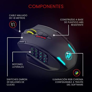 Redragon 12400 DPI Impact MMO Gaming Mouse with 18 Programmable Buttons, Weight Tuning Cartridge, 12 Side Buttons, M908 - Black, Red