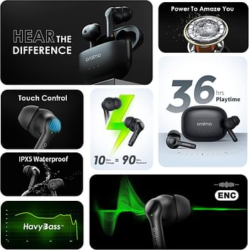 Oraimo Free Pass 3C True Wireless Earbuds Bluetooth Earphone with 4-Mic Call Noise Cancelling 36H Playtime Bluetooth Headphones in-Ear Earbuds with Stereo Bass Waterproof for Sport - Black