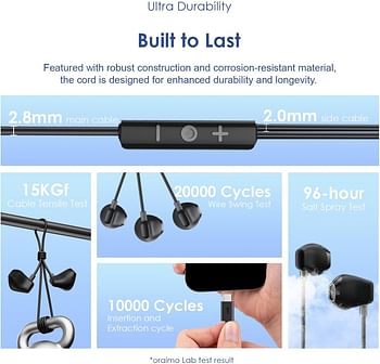 Oraimo Halo Airy USB C Earphones Semi-in ear Wired Headphones with Mic   & Volume Control, Type C Wired Earphones with 14.2mm Driver, Compatible for iPhone 15 Series, Galaxy S24/S23/S22 Series - Black