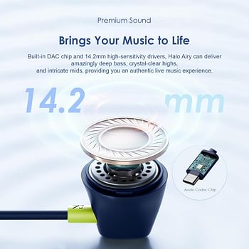 Oraimo Halo Airy USB C Earphones Semi-in ear Wired Headphones with Mic   & Volume Control, Type C Wired Earphones with 14.2mm Driver, Compatible for iPhone 15 Series, Galaxy S24/S23/S22 Series - Blue