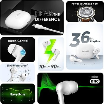 Oraimo FreePods 3C True Wireless Earbuds Bluetooth Earphone with 4-Mic Call Noise Cancelling,36H Playtime Bluetooth Headphones in-Ear Earbuds with Stereo Bass,Waterproof for Sport -White