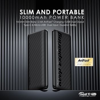 Oraimo Toast 10 Flash 10000mAh Power Bank with 12W Type C Fast Charging,USB & Type C Triple Output,Power Delivery, Type C &Micro Input,Multi-Layer Protection