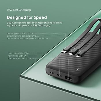 Oraimo Slice Link 10000mAh Power Bank with Built in Cables,12W Fast Charging,4 outputs& 2 inputs,Slim Portable Charger for iPhone and more1,000+ Devices,Multi-Layer Protection 12 watts | 10000mAh - Black