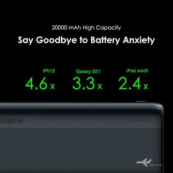 اورايمو باور بانك 20000 ميلي امبير في الساعة، شحن سريع بتقنية بي دي 3.0 + 3.0 شحن سريع بقوة 20 واط مع مخرج ثلاثي ومدخل نوع C وحماية متعددة الطبقات مع مصباح إضاءة LED