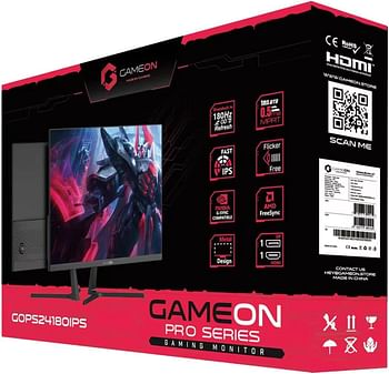 GAMEON GOPS24180IPS  Pro-Series Gaming Monitor 24 Inch,1920x1080p FHD IPS Panel,180Hz Refresh Rate,0.5ms Response Time,Adjustable Stand, Supports Adaptive Sync & G-Sync Compatible,Tilt Adjustment - Black