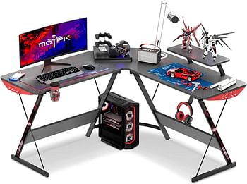 GAMEON L-Shaped Slayer I Series Gaming Desk (Size: 129*129*74cm & Table top 80*46cm) With Headset Hook, Cup Holder & Accessories Stand - Black