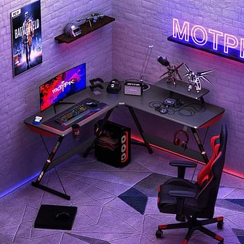 GAMEON L-Shaped Slayer I Series Gaming Desk (Size: 129*129*74cm & Table top 80*46cm) With Headset Hook, Cup Holder & Accessories Stand - Black