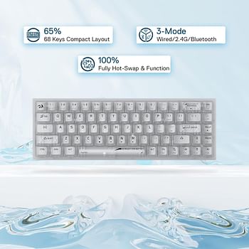 Redragon K631 PRO 65% 3-Mode Wireless RGB Gaming Keyboard, 68 Keys Compact Full - Transparent Mechanical Keyboard w/Hot-Swap Free-Mod PCB Socket, Translucent Custom Switch - White Transparent