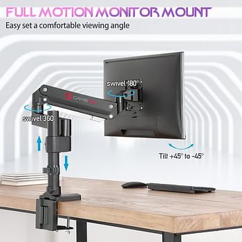 GAMEON GO-2038 Pole-Mounted Gas Spring Single Monitor Arm Stand And Mount For Gaming And Office Use 17" - 32" Each Arm Up To 9 KG - Black