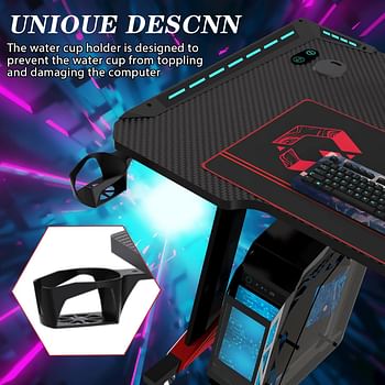 GAMEON Raptor II Series Z-Shaped RGB Flowing Light Gaming Desk (Size: 1400-600-720mm) With (800*300*3mm - Mouse pad), Headphone Hook & Cup Holder - Black