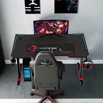 GAMEON Raptor II Series Z-Shaped RGB Flowing Light Gaming Desk (Size: 1400-600-720mm) With (800*300*3mm - Mouse pad), Headphone Hook & Cup Holder - Black