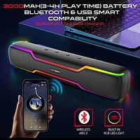 GAMEON Dominator Blaze 10W*2 Wireless Sound bar with 3000mAh Battery, V5.3, RGB Lights, TWS, and More, 6 Lighting Models, Aux, in/TF/USB, 3,4 Hours Playtime - Black