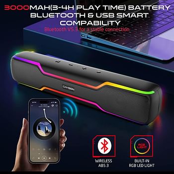 مكبر صوت لاسلكي دوميناتور بليز 10 واط × 2 من جاميون مع بطارية 3000mAh، V5.3، اضواء RGB، تي دبليو اس، واكثر من ذلك، 6 نماذج اضاءة، مدخل AUX، مدخل / TF/يو اس بي، وقت تشغيل 3.4 ساعات - اسود