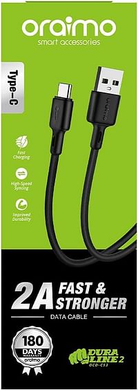 Oraimo Duraline 2 Mobile Phone USB Cables,5V 2A Cable Fast Charging USB to Type-C Cable ,1Mtr Long Cable,High Durability And Widely Compatible Cables Black