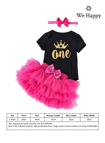 4 Pieces 1st Birthday Baby Girl Costume Set, Newborn Princess ONE Printed with Crown Dress for Theme Party Photoshoot, Unicorn Bodysuit with Tutu Skirt, Cake Topper and Floral Headband  - Black Pink