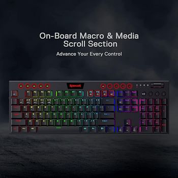 Redragon K618 Horus Wireless RGB Mechanical Keyboard, BT/2.4Ghz/Wired Tri-Mode Low Profile Gaming Keyboard w/Ultra-Thin Design, Dedicated Media Control & Linear Red Switch