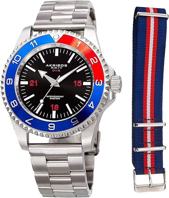 Akribos XXIV Men’s Stainless Steel Diver Watch – Dial With Bonus Patriotic NATO Fabric Strap