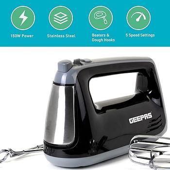 Geepas 400W Hand Mixer,Professional Food And Cake for Baking 5 Speed with Turbo Function, Includes Chrome Extra Long Beaters and Dough Hooks Dishwasher Safe Accessories